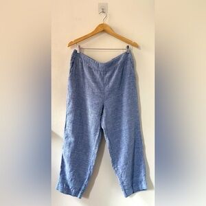 Chico’s 🩵 Blue Chambray 100% Linen Cropped Embroidered Pants size 10